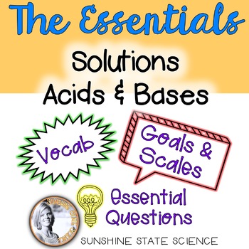 Preview of Solutions, Acids & Bases: Goals & Scales, Essential Questions & Vocabulary