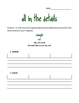 all in the details descriptive writing worksheet by fern and flower