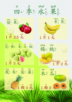 Preview of All season fruits in Mandarin with pinyin & zhuyin