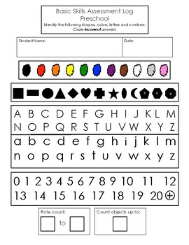 Preview of Preschool skill assessment form & flashcards (shapes, colors, letters, numbers)