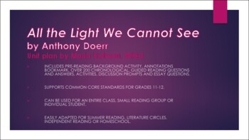 Preview of All the Light We Cannot See by Anthony Doerr Unit Plan