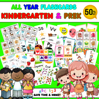 Preview of All year Kindergarten Vocabulary Learning Flashcards: Alphabet, shapes, Animals