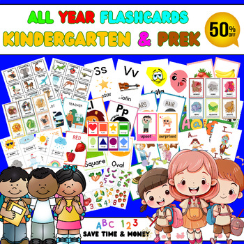 Preview of All year Kindergarten Vocabulary Learning Flashcards: Alphabet, shapes, Animals