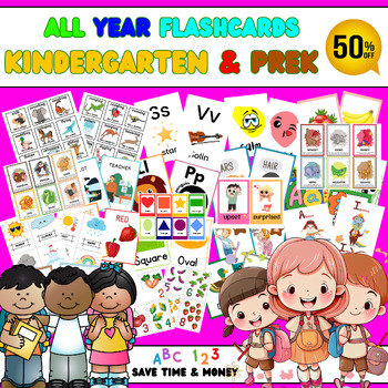 Preview of All year Kindergarten Vocabulary Learning Flashcards: Alphabet, shapes, Animals