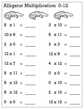 alligator horizontal multiplication 0 12 worksheets by owl school studio