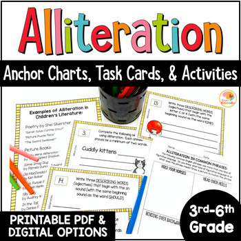 Preview of Alliteration Activities: Figurative Language Task Cards Anchor Charts Worksheets