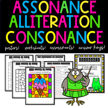 Preview of Alliteration Assonance Consonance Posters Worksheets Assessments | Poetry