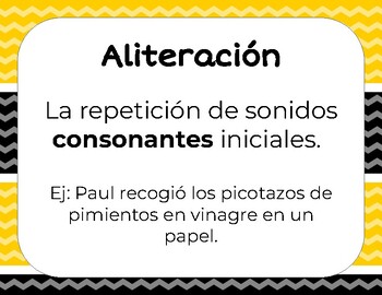 Alliteration, Assonance, Consonance definition posters (Spanish & English)