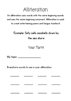 Alliteration Poem and Brainstorming Template by Groovy 2nd Grade
