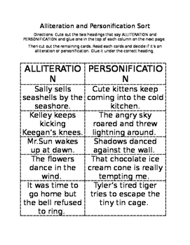 Preview of Alliteration and Personification Sort