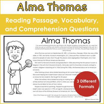 Preview of Alma Thomas Reading Passage, Vocabulary Words, and Comprehension Questions