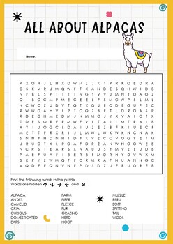 Preview of Alpaca Word Search Puzzle - Dive into Alpaca Research - Explore All About Alpaca
