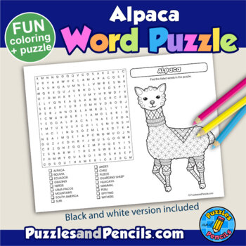 Alpaca Word Search Puzzle and Coloring Activity Page by Puzzles and Pencils