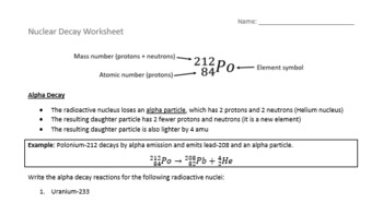 Preview of Alpha and Beta Decay Nuclear Reactions Worksheet