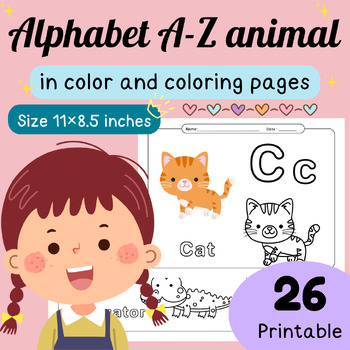 Preview of Alphabet A-Z Animals In Color & Coloring Pages In 26 Printable