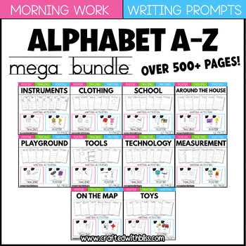 Preview of Alphabet A-Z Worksheets Poster Coloring Writing Prompt Growing Bundle ELA