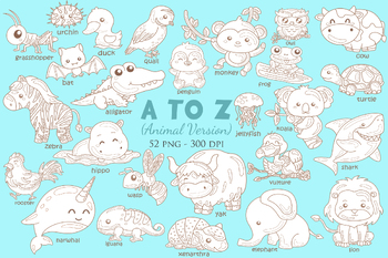 Preview of Alphabet A to Z Animal Vocabulary School Study Cartoon Digital Stamp Outline