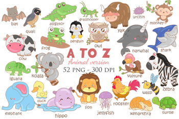 Preview of Alphabet A to Z Animal Vocabulary Word Study School Clipart Cartoon Sticker