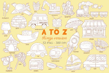 Preview of Alphabet A to Z Things Vocabulary School Outline Digital Stamp Cartoon