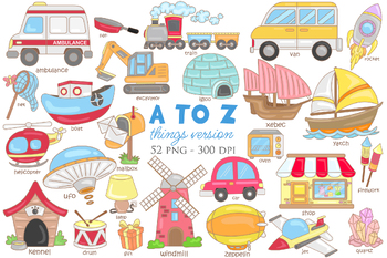 Preview of Alphabet A to Z Things Vocabulary School Word Lesson Cartoon Illustration Vector