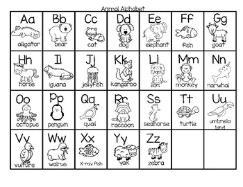 Animal Alphabet Chart in Color and B-W FREE by KidSparkz | TpT