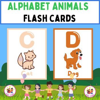 Flashcards for kids with letters and pictures of animals to learn