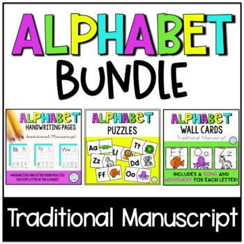 Preview of Alphabet BUNDLE | Alphabet Handwriting Pages with Wall Cards, Song, and Puzzles