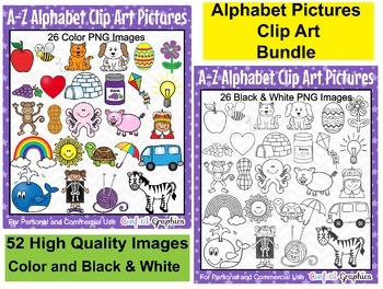 Preview of Alphabet Bundle A-Z Phonics Picture Clip Art 52 High Quality Images Color / BW