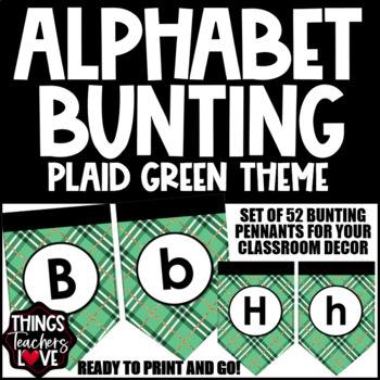 Preview of Alphabet Bunting Pennants Set - ST PATRICK'S DAY PLAID GREEN CLASSROOM DECOR