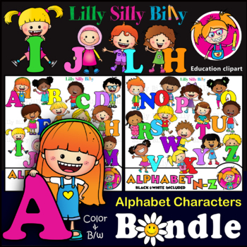 Preview of Alphabet Characters A-Z BUNDLE. Black & White/ full color clipart.