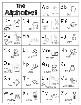 Alphabet Chart with Pictures - Color and Black and White by Kristen Vibas