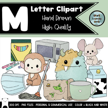 Preview of Alphabet Clipart, Beginning M Sounds Words Phonics Set, 20 Total