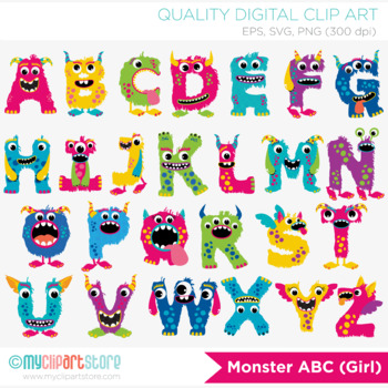 Preview of Monster ABC Alphabet Clipart, Rainbow Colors, Letters, Girl