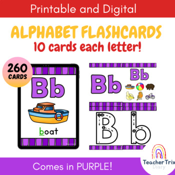 Preview of Alphabet Flashcards | Printable & Digital | Back to School | Purple
