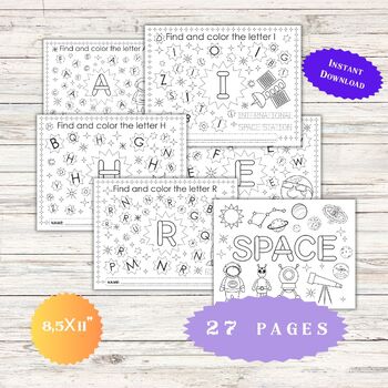 Preview of Alphabet Hunt Find the Letters Coloring Worksheets Space Learning Dyslexia