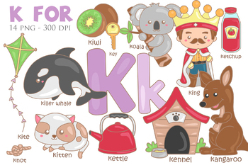 Preview of Alphabet K for Study Vocabulary Reading-Cute Cartoon Vector Clipart Illustration