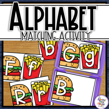 Preview of Alphabet Letter Matching Uppercase and Lowercase Task Cards - Burger & Fries