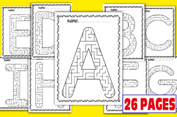 Preview of Alphabet Letter Maze Worksheets Uppercase A-Z | Mazes Puzzle Book with Solutions