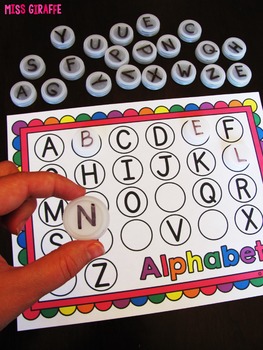 Alphabet Letters Bottle Cap Centers by Miss Giraffe | TpT