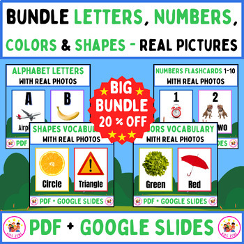 Preview of Alphabet Letters, Numbers, Colors & Shapes Bundle -Printable PDF + Google Slides