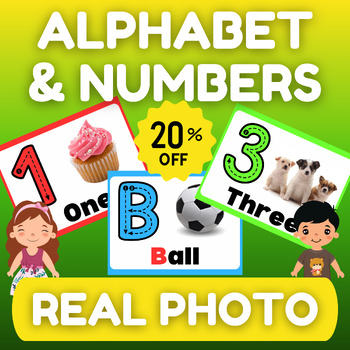 Preview of Alphabet Letters & Numbers Bundle - Printable Flash Cards with Real Pictures