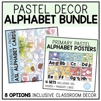 Preview of Alphabet Line Posters + Cards| Bulletin Board Bundle| Pastel Rainbow Decor