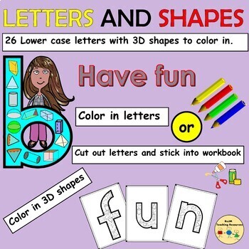 Preview of Alphabet Lowercase Letters and 3D Shapes Worksheets Cut Paste Activities