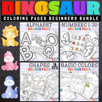 Preview of Alphabet, Numbers, Colors and Shapes Coloring Pages Dinosaur Theme Bundle