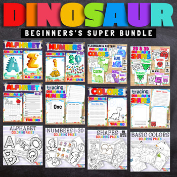 Preview of Alphabet, Numbers, Colors and Shapes Dinosaur Theme Beginners Super Bundle