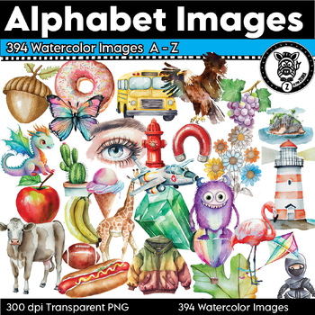 Preview of Alphabet Pictures Watercolor Clip Art - Sounds and Phonics