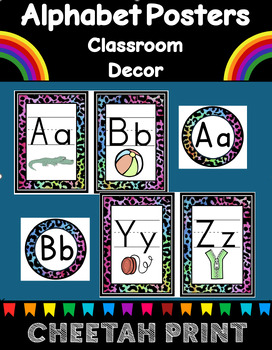 Preview of Alphabet Poster Signs Colorful Cheetah Print Rainbow Classroom Decor