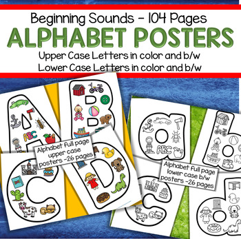 Alphabet Posters Beginning Sounds Set - Upper and Lower Case - Color ...