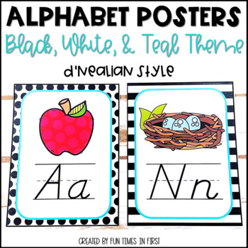 Preview of Alphabet Posters | Black White and Teal Décor | D'Nealian Style