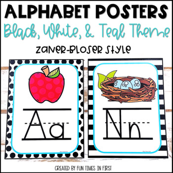 Preview of Alphabet Posters | Black White and Teal Decor | Zaner-Bloser Style